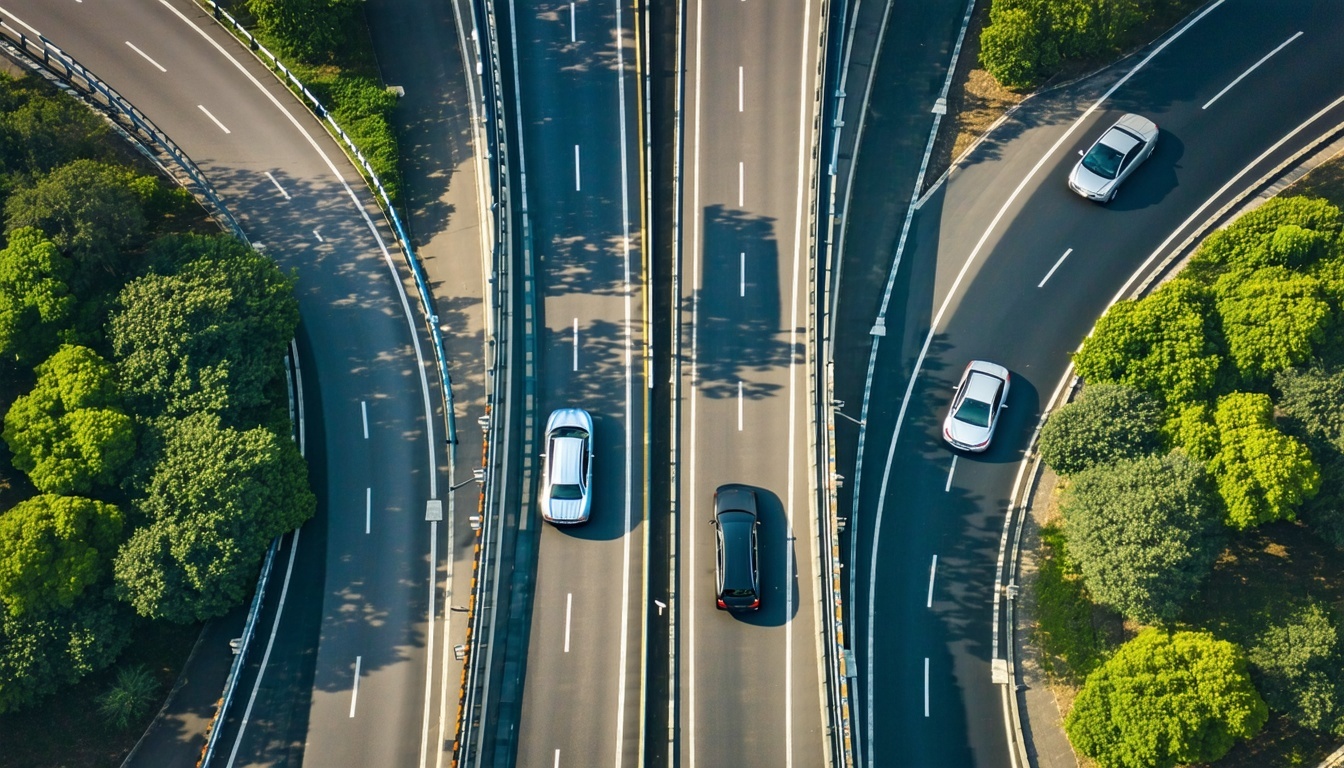 three roads merging into a single highway with cars on